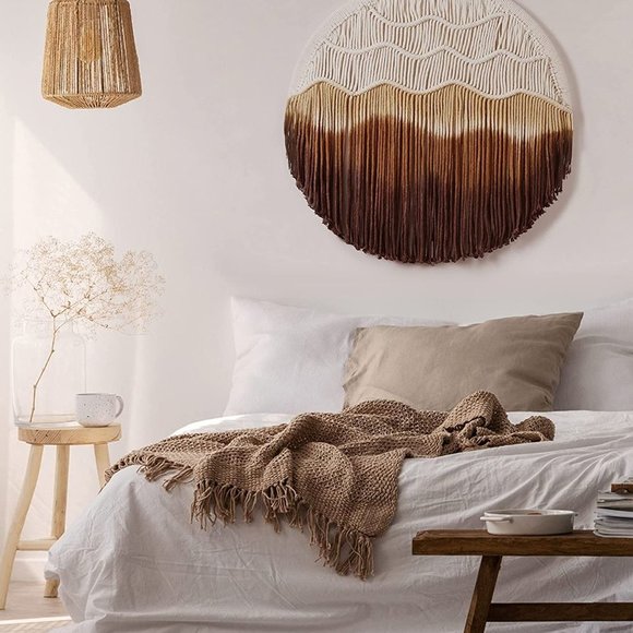 Boho Black Ombré Cream Macrame Circle Hippie Indie Tie-Dye Dipped Home Decor - Picture 9 of 10